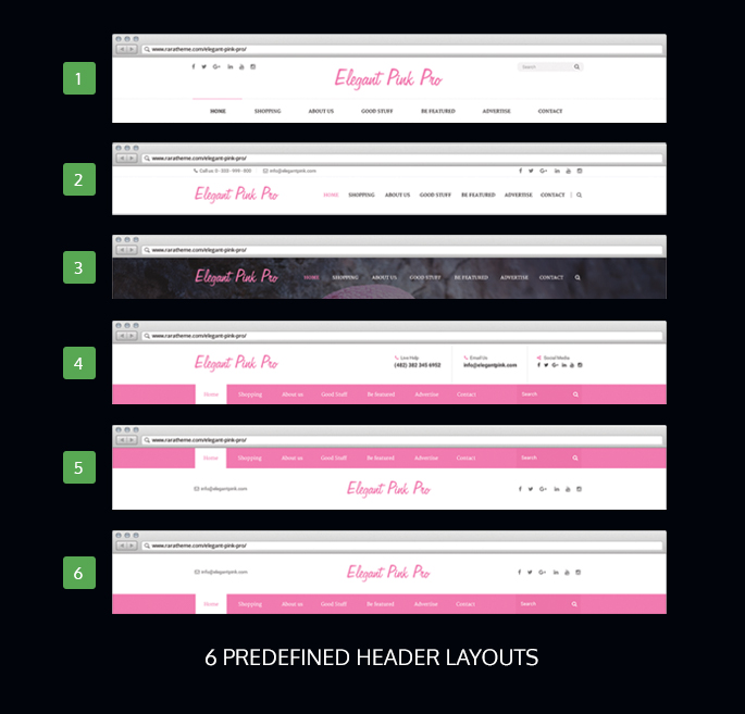 header layouts of The Elegant Pink Pro WordPress Theme