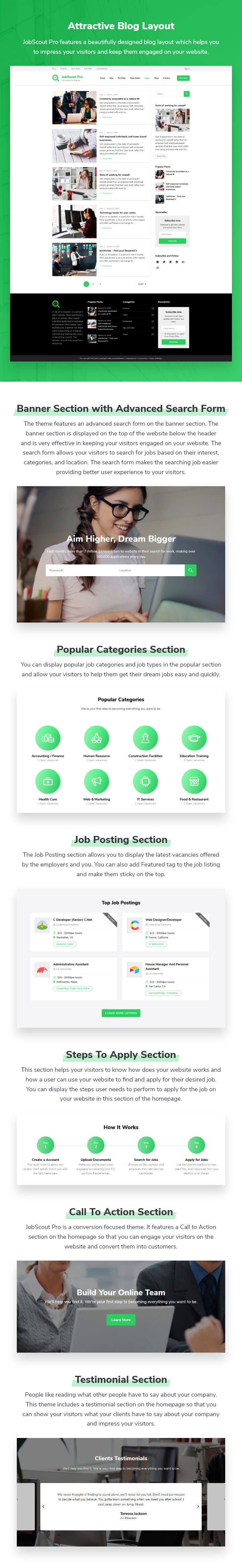 features of JobScout WordPress Theme