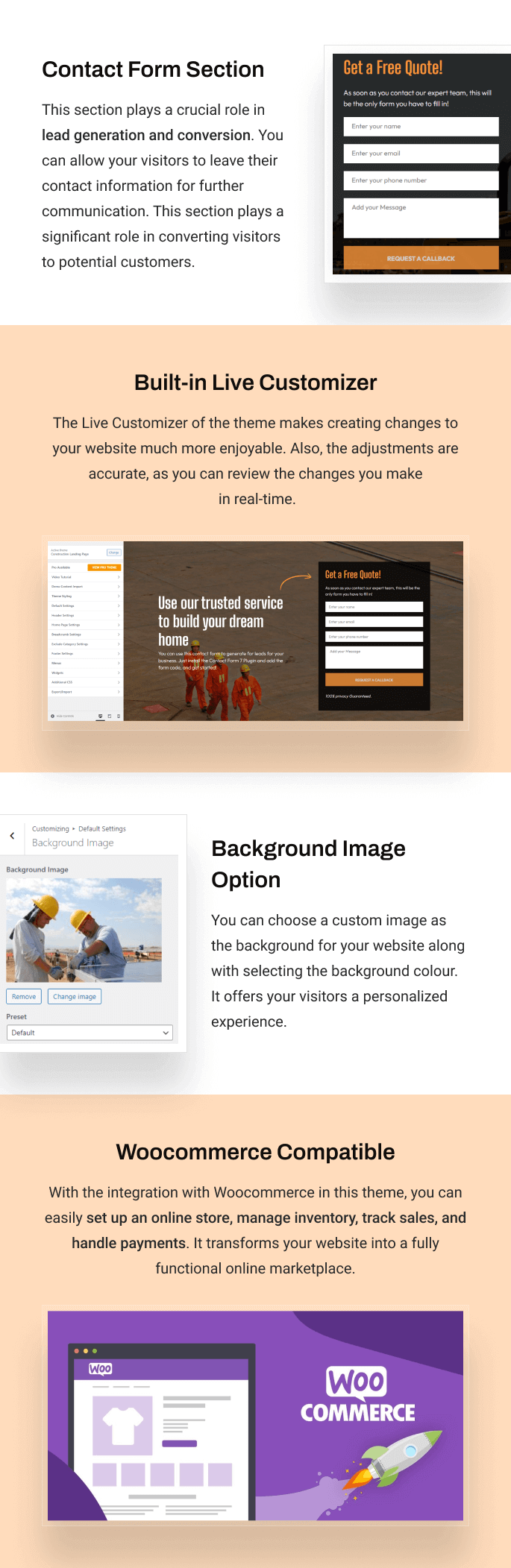 Construction Landing Page Theme's Features