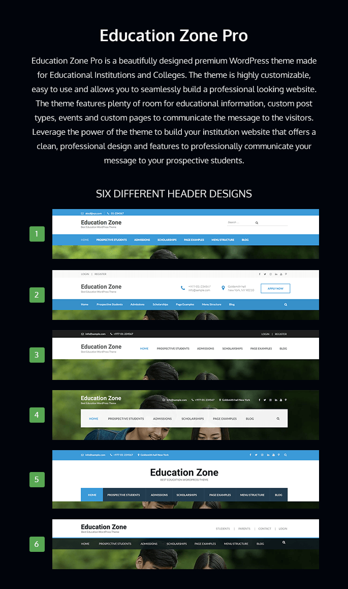 description, header, and layouts of Education Zone Pro