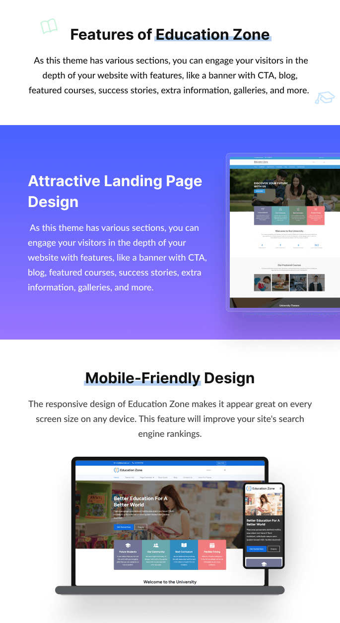 Features of Education Zone Free Theme