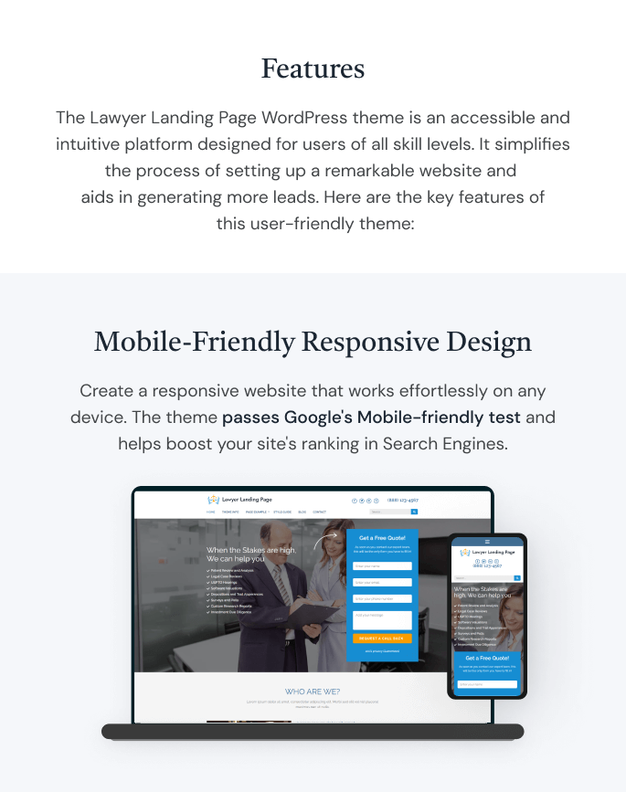 Features of Lawyer Landing Page